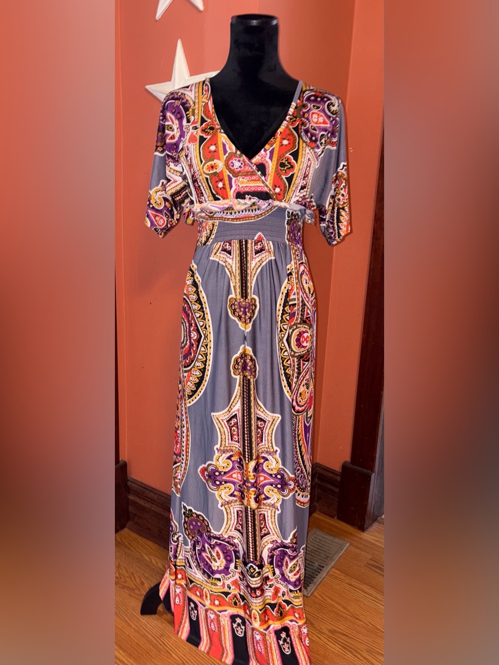 Christina Love Y2K 2000’s Bohemian Grey Maxi Dress with Multicolor Paisley Print